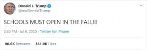 Trump tweets schools must reopen