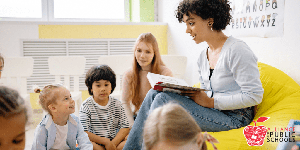photo of a techer reading with young children